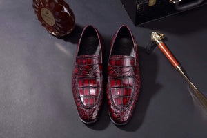 Mens Crocodile Leather Penny Loafer Shoes Vintage Wine Red