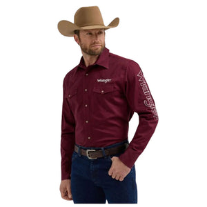 Wrangler Men's Logo Long Sleeve Snap Shirt - Burgundy - Circle H Western Store