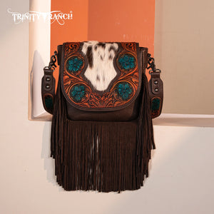 Trinity Ranch Genuine Hair-On Cowhide Tooled Fringe Crossbody Bag- Coffee - Circle H Western Store