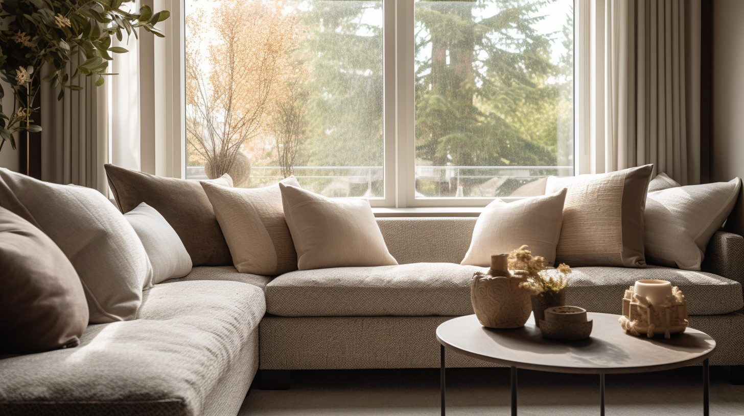 interior design Contemporary Chic, throw pillows on sofa, sunlit room