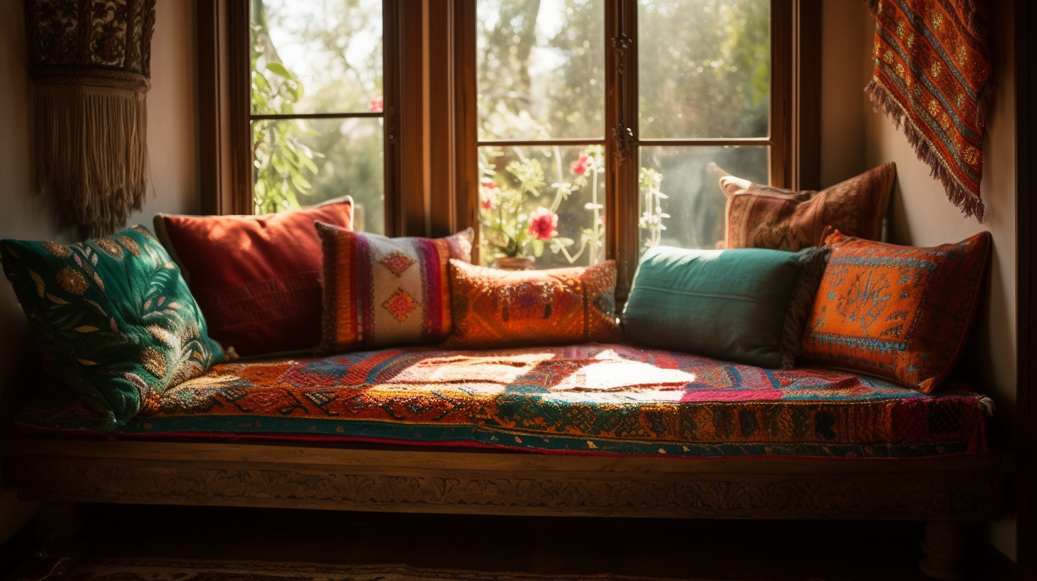 interior design bohemian bliss, throw pillows on sofa, sunlit room