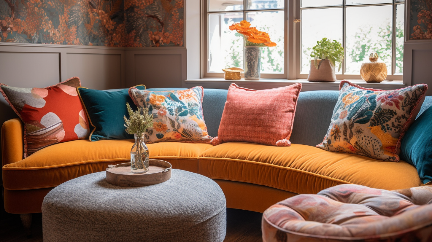 interior design playful and whimsical, throw pillows on sofa, sunlit room