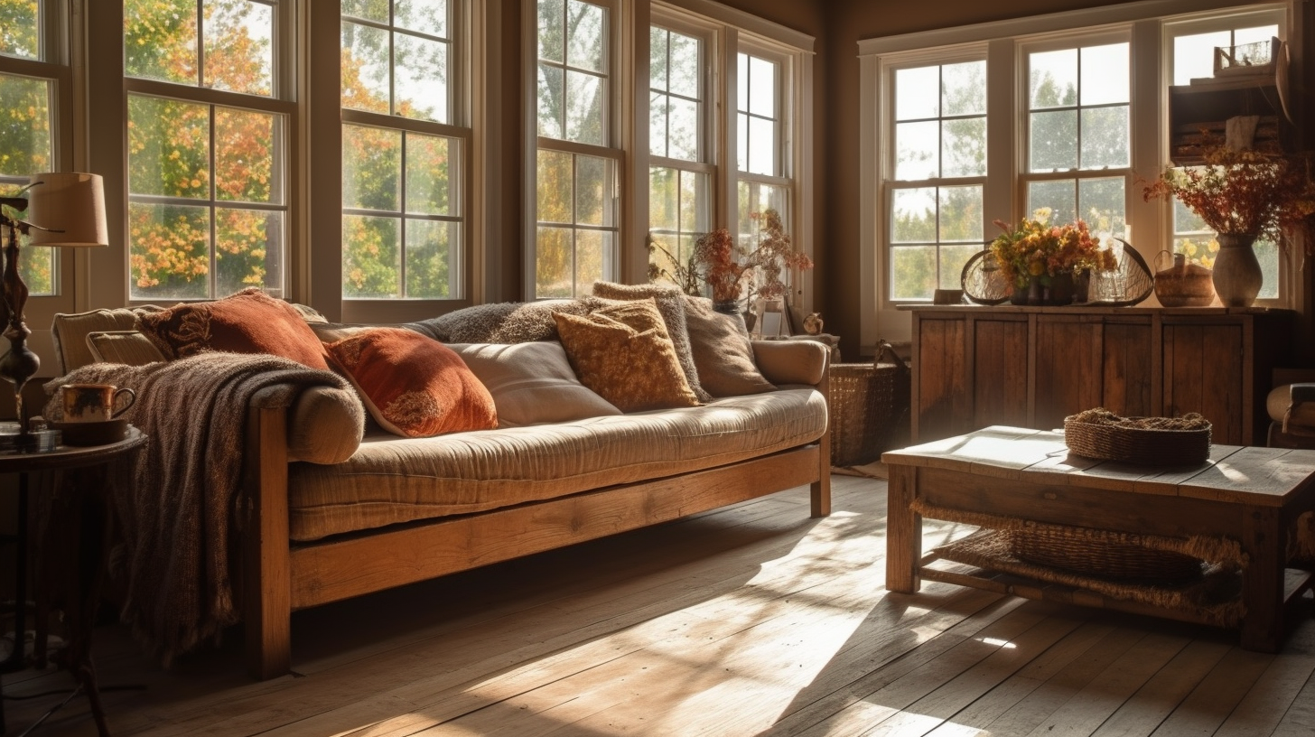 interior design rustic charm, throw pillows on sofa, sunlit room
