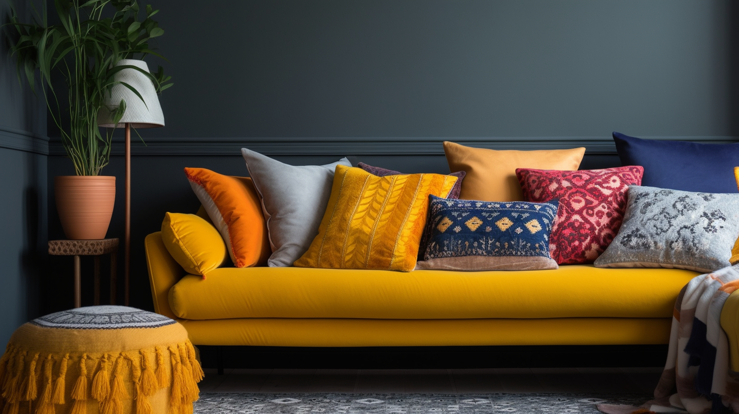 bold and bright throw pillows in different sizes on a sectional sofa in a sunlit living room with grey walls
