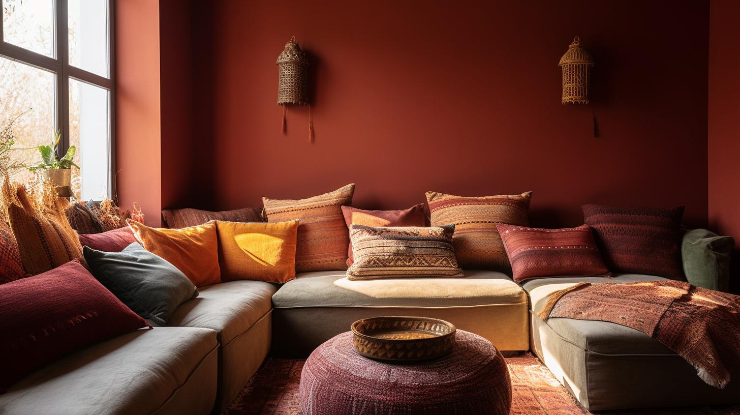 earthy toned throw pillows in different sizes on a sectional sofa in a sunlit living room with red walls