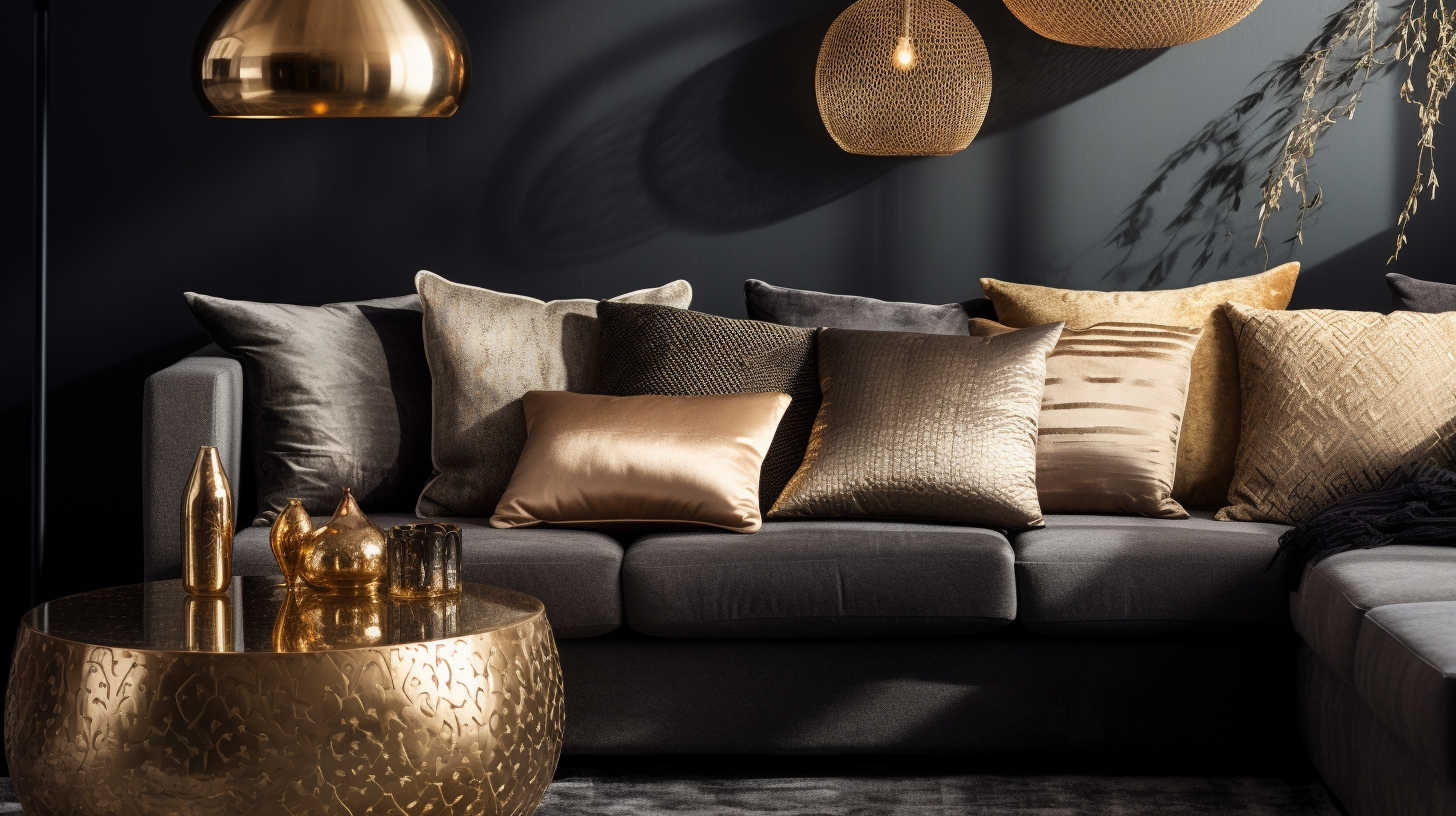 metallic and shimmering gold throw pillows in different sizes on a sectional sofa in a sunlit living room with dark walls