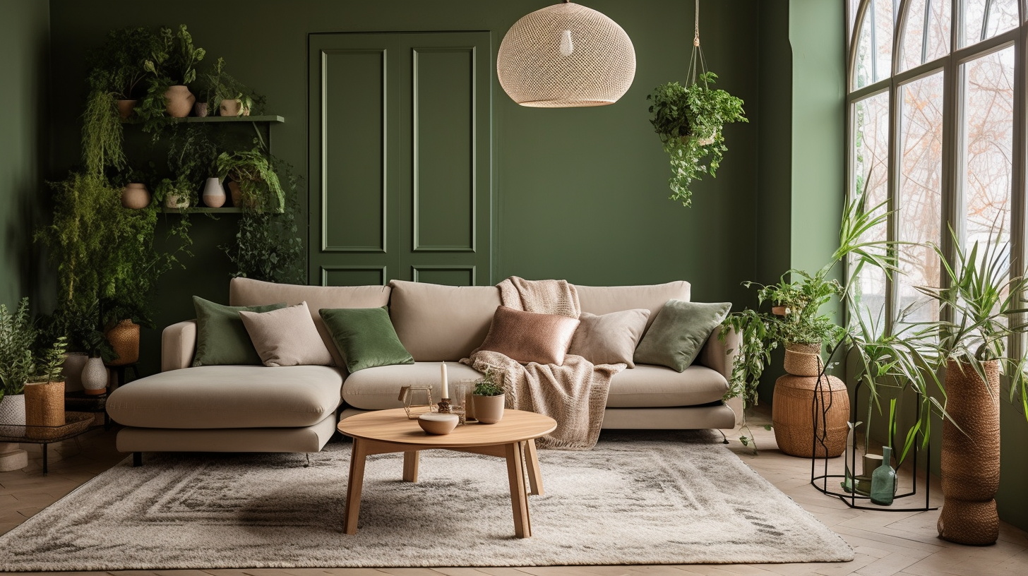 neutral colored throw pillows in different sizes on a sectional sofa in a sunlit living room with green walls