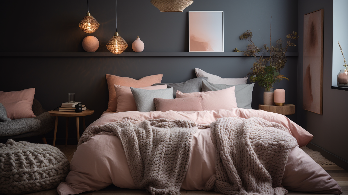 A cozy bedroom with a color palette of soft pastels, featuring a plush bed adorned with silky sheets and velvet pillows.