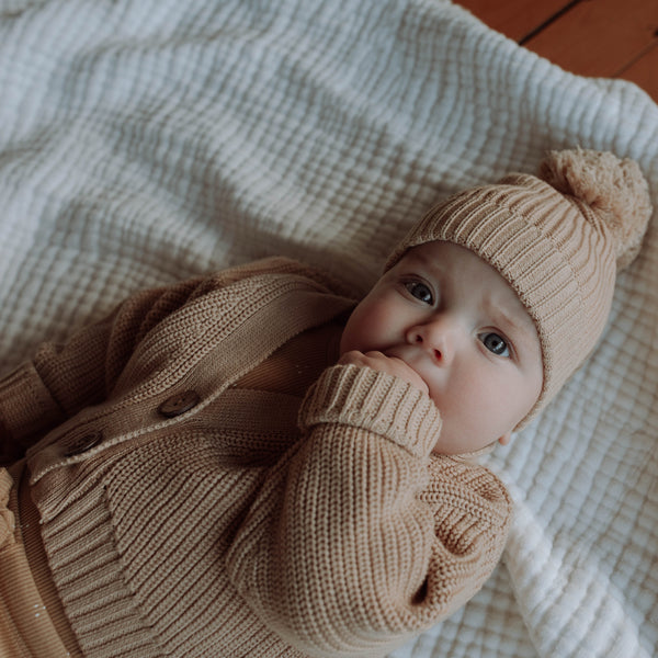 certified organic cotton neutral cardigan and pom pom hat for babies