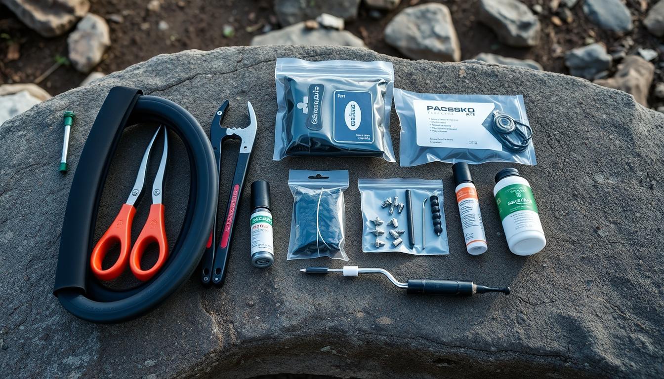 Complete tire repair kit with tubes, patches, and tools for bikepacking