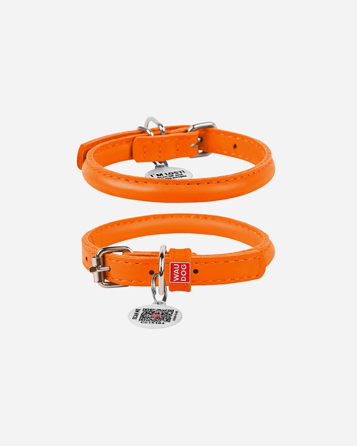 Billede af Waudog rundsyet læder halsbånd - Orange, 17-20 cm