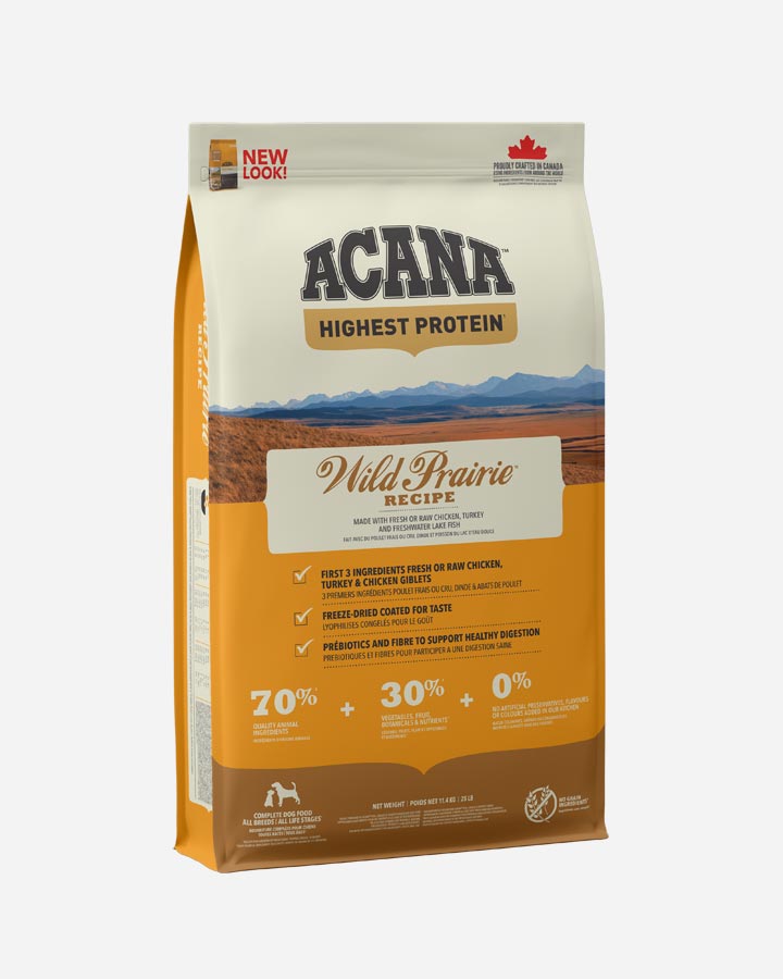 Se ACANA highest protein Wild Prairie 11,4kg hos Petlux.dk