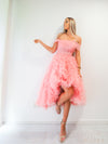 Allison pastel pink straight neck line with off the shoulder and tulle skirt up to the knees.