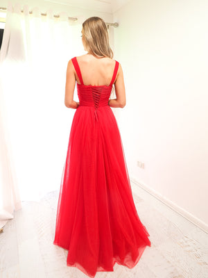 Poppy red sparkling  tulle dress with hidden bustier bust