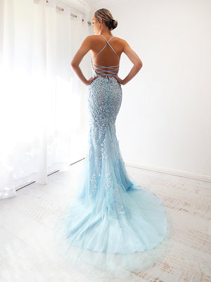 Amphitrite baby blue tulle mermaid dress with criss-cross back for hire
