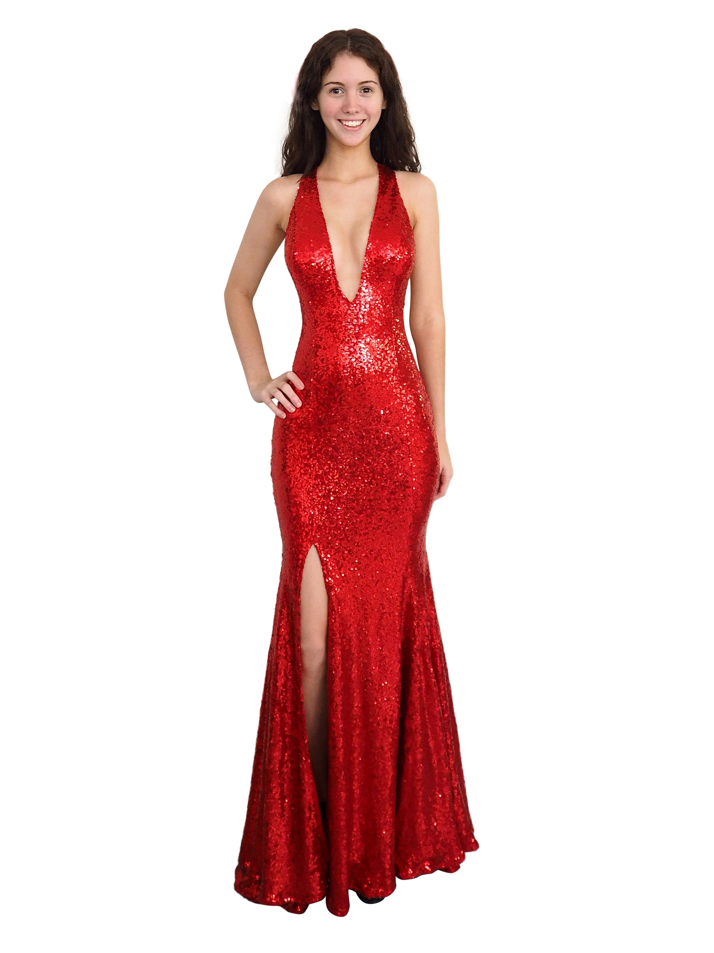 red sequin halter dress