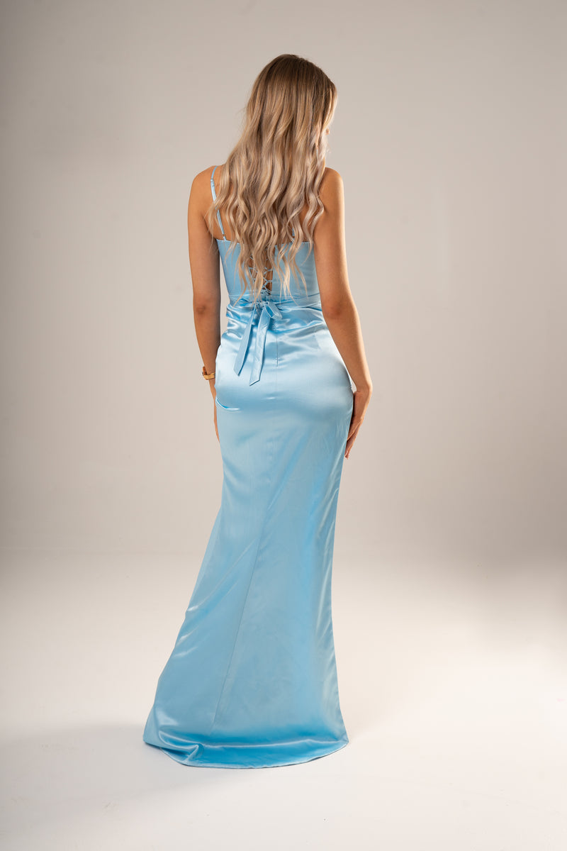 Lydia baby blue satin mermaid dress with wavy neckline with straps for ...