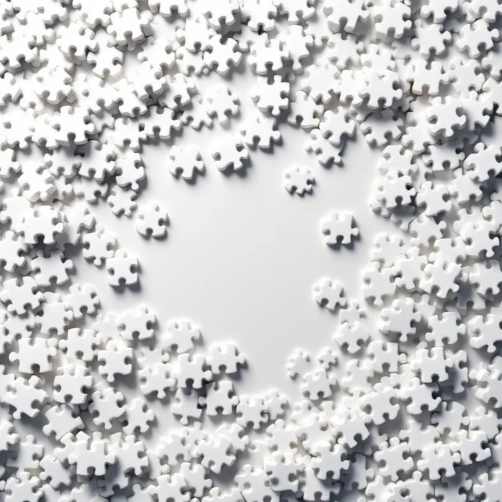 Scattered white puzzle pieces on a plain surface.