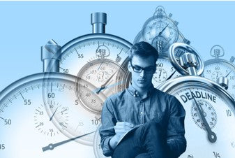 Blue image of a man wearing glasses is sitting, writing. Behind him in the background are clock faces, one with the words deadline