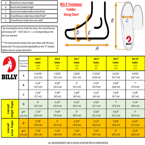 Billy Size Chart