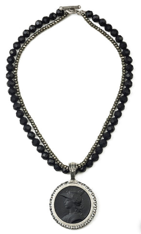 French Kande DOUBLE STRAND FACETED BLACK ONYX AND PYRITE WITH MINISTRY MEDALLION