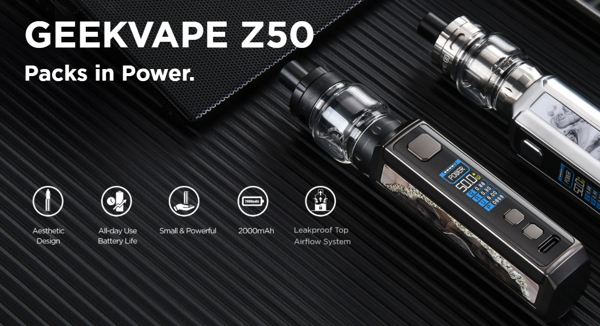 Geekvape Z50 Packs in Power. Featuring an aesthetic design, a large internal battery and the Geekvape Z Nano tank.
