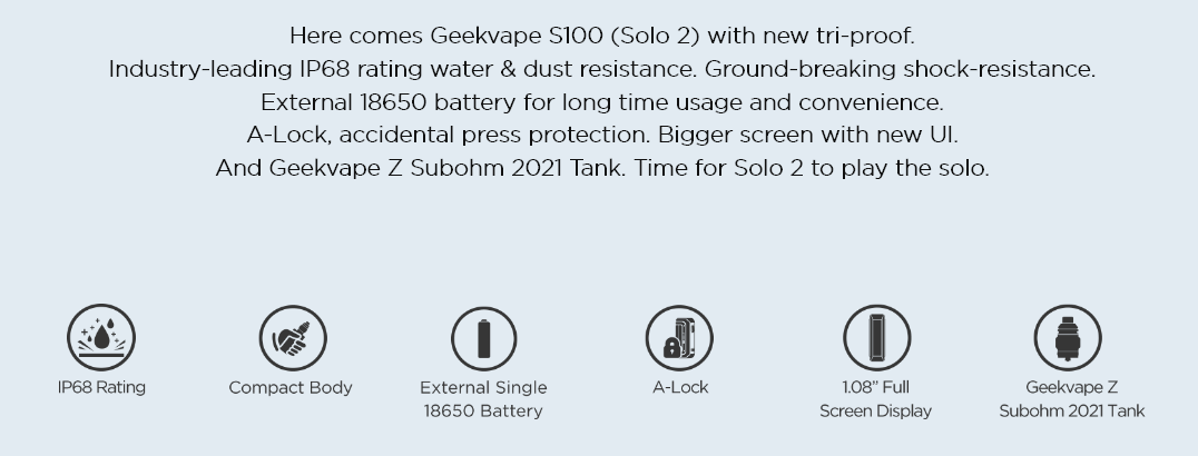 IP68 Rating. Compact body. External 18650 battery. Z Subohm 2021 Tank