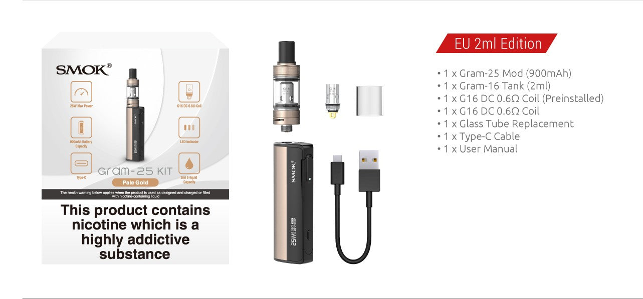 SMOK Gram-25 kit includes the Gram-25 mod, Gram-16 tank and two replacement coils
