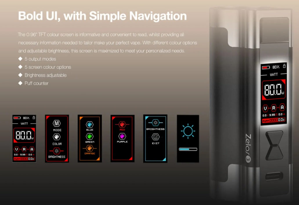 The 0.96 colour screen displays is customisable and displays all of your vaping data.