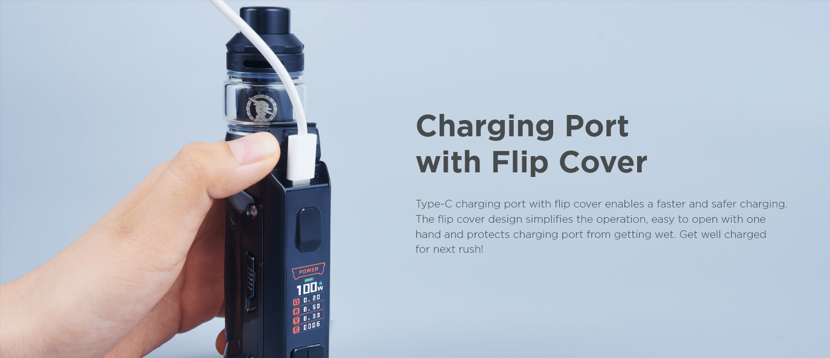 Type-C charging with a protective flip cover.