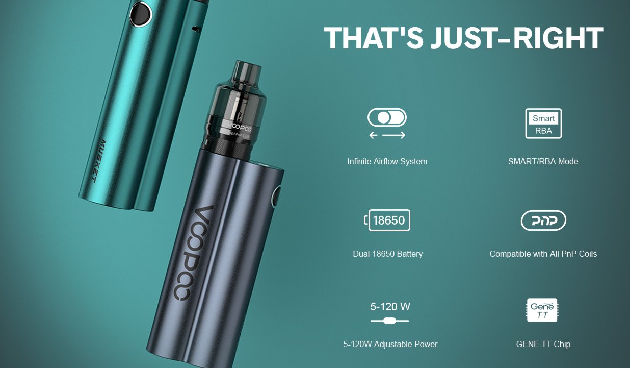 The VooPoo Musket kit highlights The VooPoo Musket kit features an infinite airflow system, an adjustable wattage range of 5 – 120 watts, and is compatible with all PnP coils.