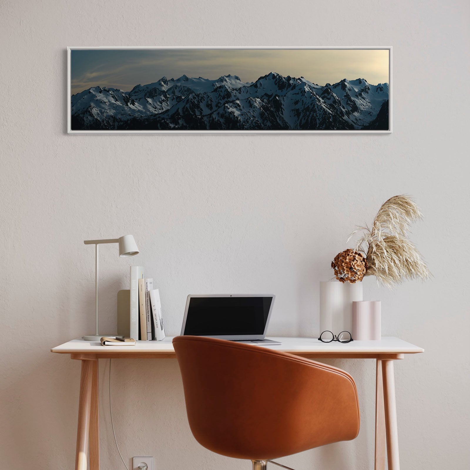A panoramic print of the Olympic Mountains