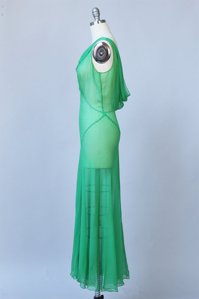 1930s Emerald Green Chiffon Bias Cut Gown | The Vintage Net