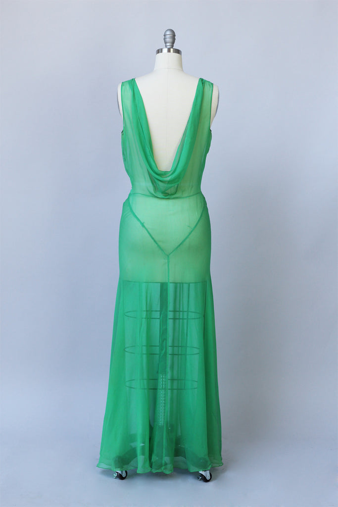 1930s Emerald Green Chiffon Bias Cut Gown | The Vintage Net