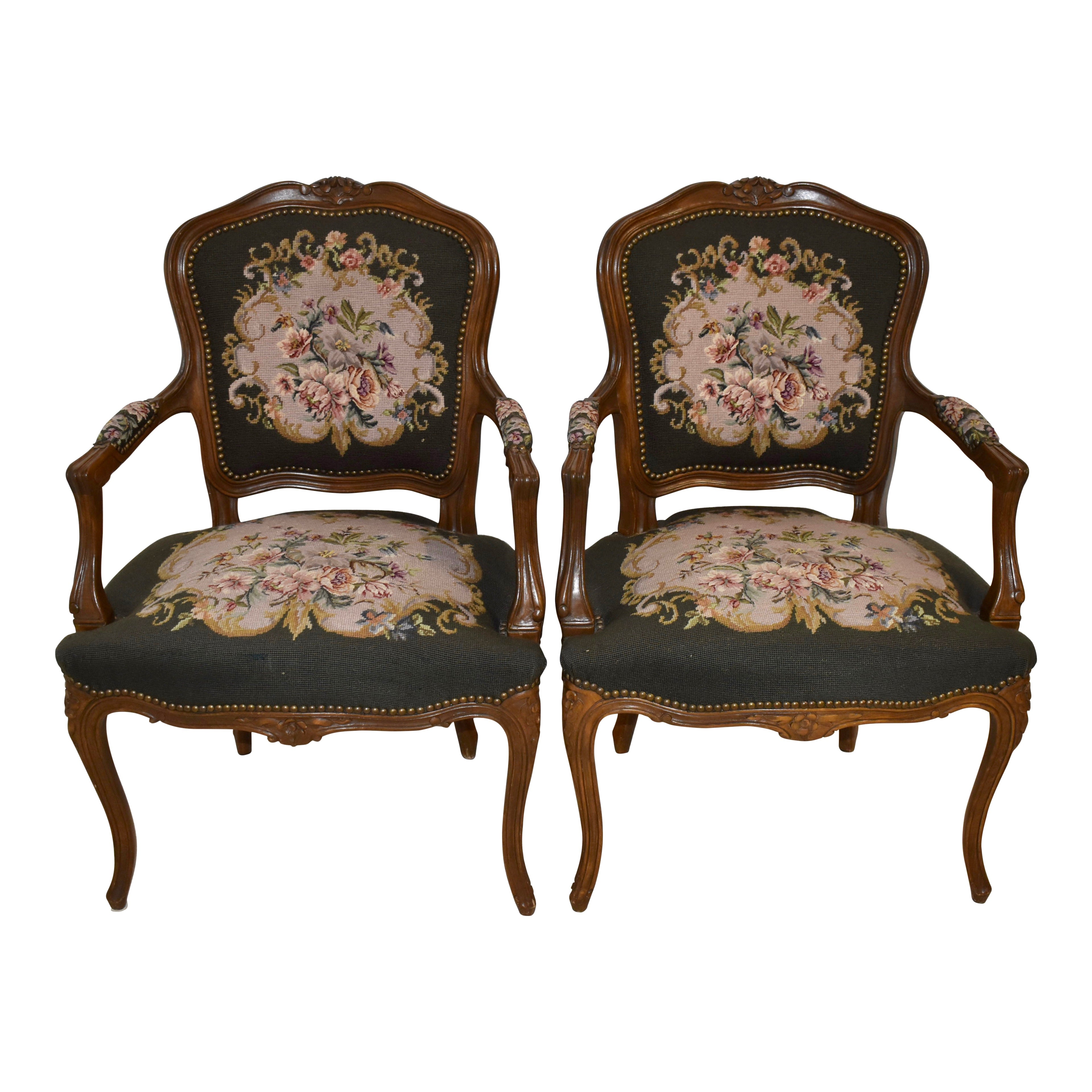 Giftig Bladeren verzamelen transactie Louis XV French Walnut Fauteuil Embroidered Armchairs, Set of Two - Ski  Country Antiques & Home