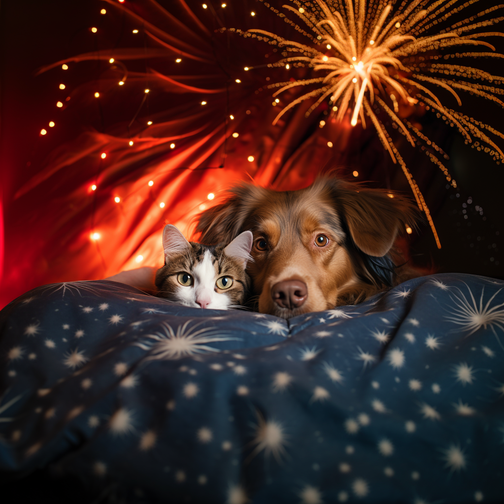Dog & Cat on blue pillow with white stars, behind them red drapes with white hanging lights and fireworks in the distance. Photo is 4th of July themed. 