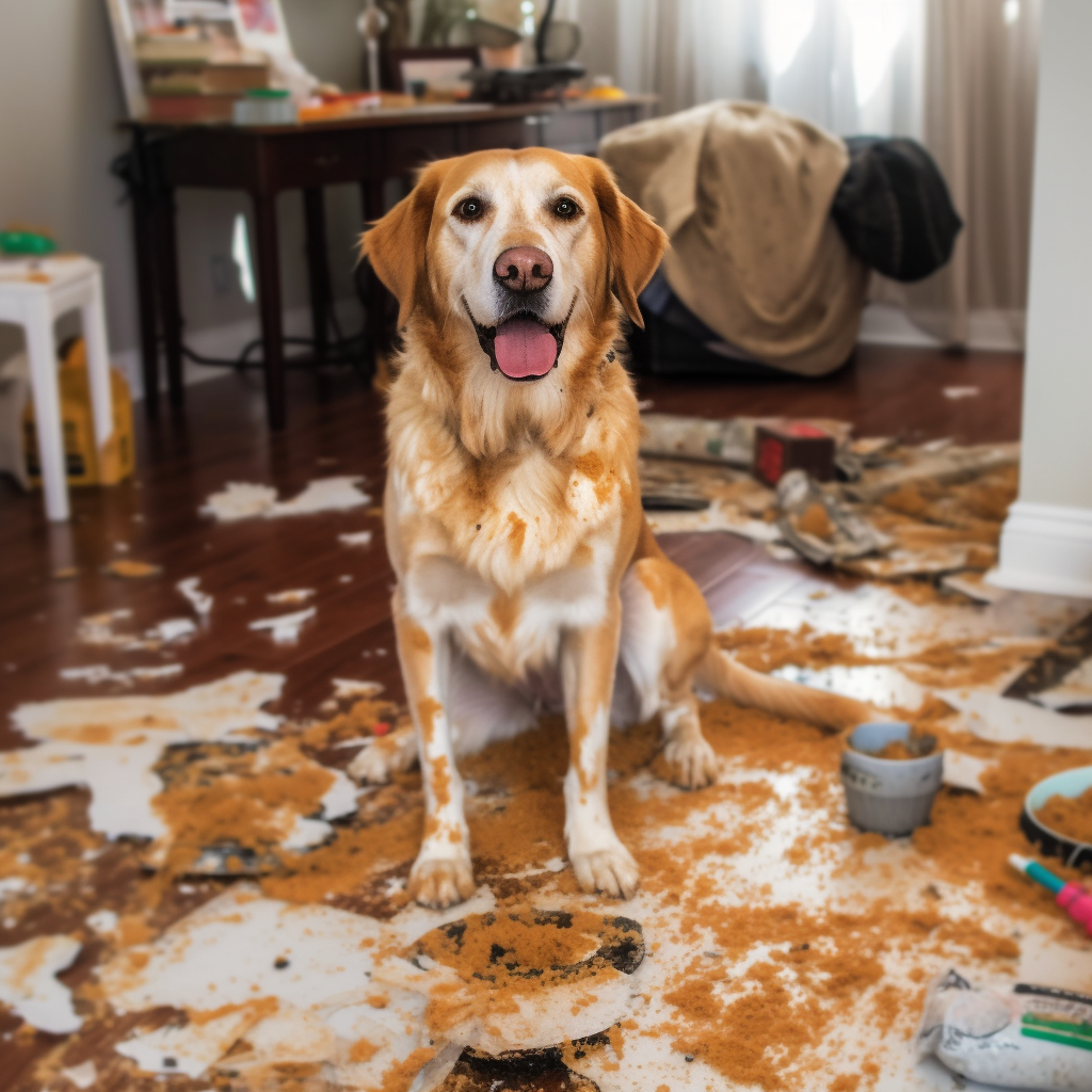 Smiling lab dog sitting in the middle of a destroyed living room. It is clear that the dog is guilty of the distruction.  