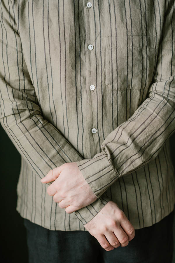 Open Collar Shirt - Stripe Olive Linen | James Dant