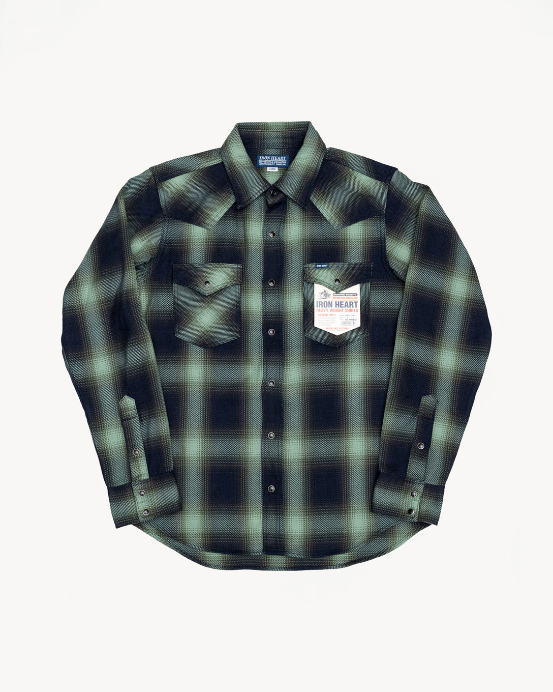 IHSH-348-GRN - 9oz Selvedge Ombré Check Western Shirt - Green