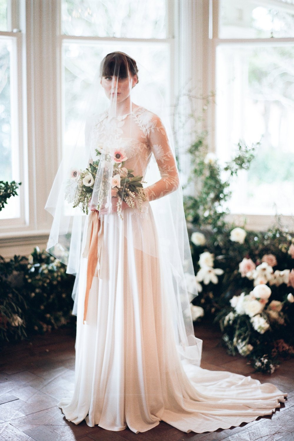 Marietta - Cathedral Length Bridal Drop Veil with Blusher and Comb — NK  Bride