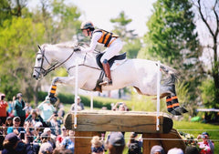 Horse Rider and Horse Jumping Over Obstacle with Rider Wearing White Breeches As Crowd Looks On