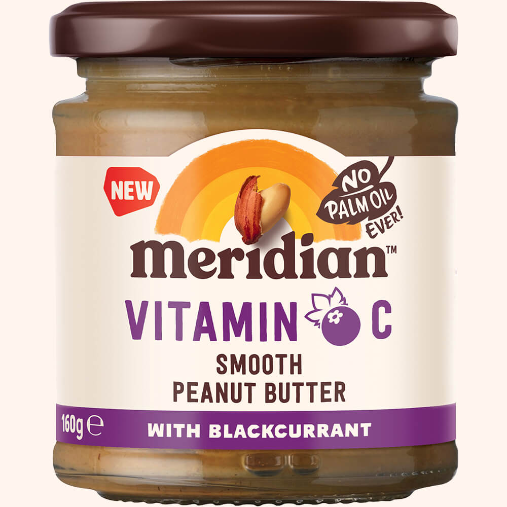 An image of Meridian Vitamin C Smooth Peanut Butter with Blackcurrant 160g Jar