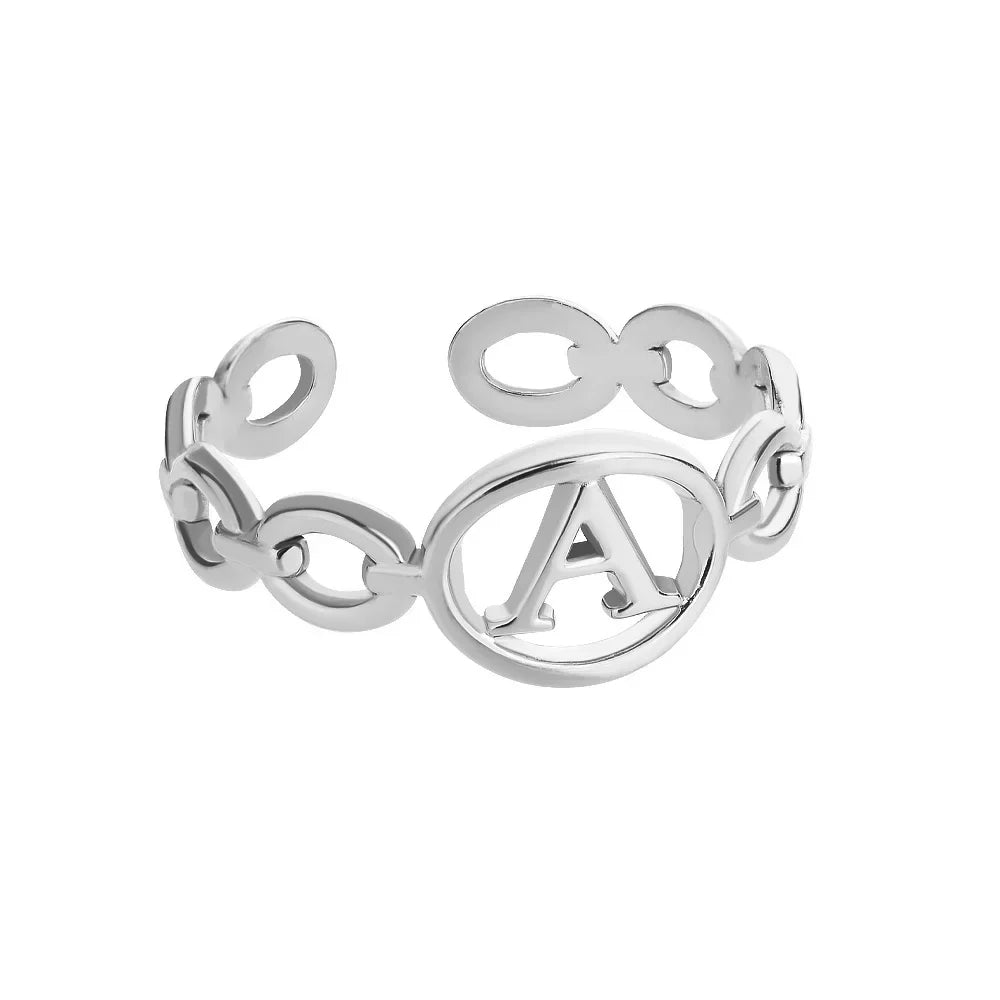 Gold hollow A-Z initial ring in stainless steel