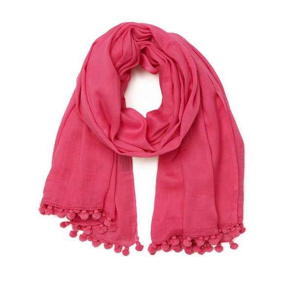 Bright Pink Cotton Pom Pom Scarf 