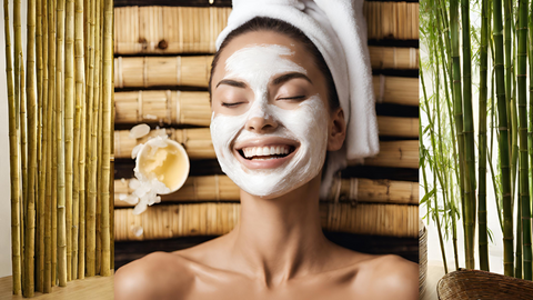 a woman with a exfoliating mask on her face smiling at a bamboo spa