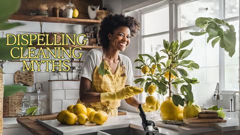 a black woman happily cleans her kitchen surrounded by a lemon tree and lemons on the kitchen counter