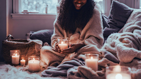 cozy winter wonderland with a woman amongst candles and blankets