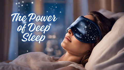 sleeping woman with a silk sleep mask in her bed with stars twinkling outside her window