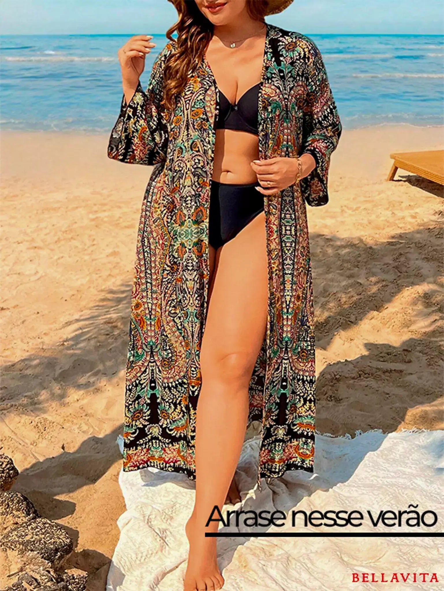 Arrase nesse verão com a Saída de praia com estampa tribal, caimento solto, tecido leve e com mangas. Conforto e estilo para dias de praia ou piscina.