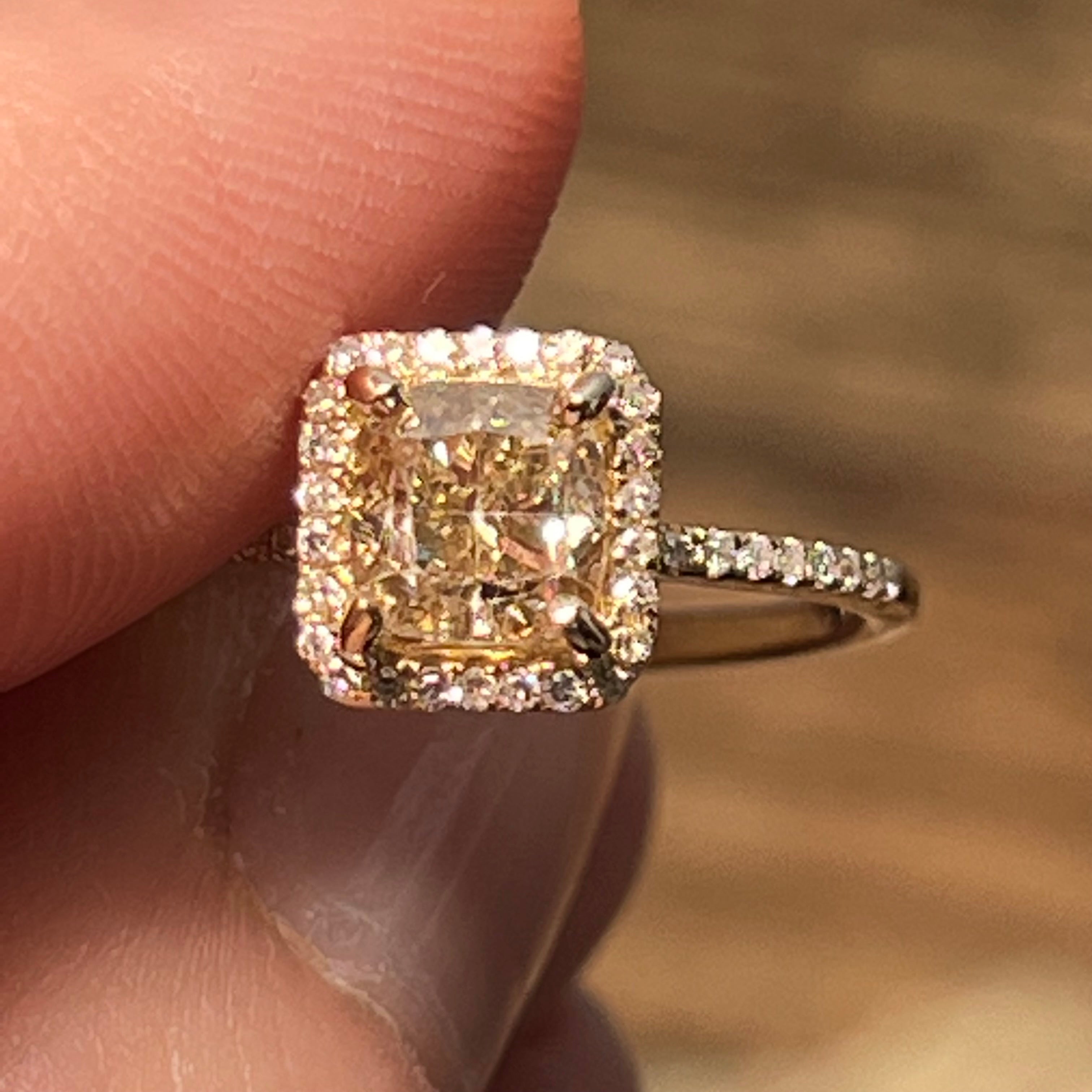 DGC Certified 14K Yellow Gold Earth Mined 1.01CT Radiant Cut Fancy Canary Yellow Diamond Halo Engage